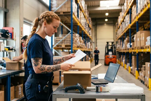 Een medewerkster aan een inpaktafel in een distributiecentrum kijkt een pakbon na, met stellingen en een heftruck achter zich.