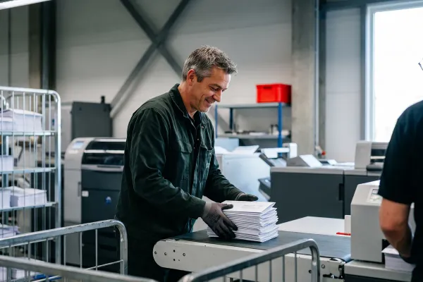 Een medewerker in een postverwerkingsruimte legt lachend een stapel geprinte brieven op de band, met printers op de achtergrond.
