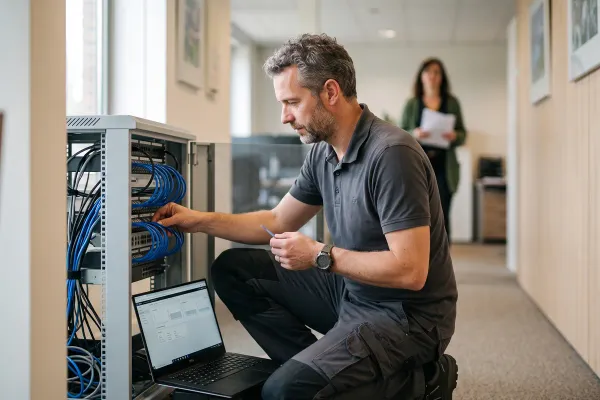 Een engineer controleert de kabels in een netwerkkast in een kantoorgang, met een laptop naast zich op de grond.