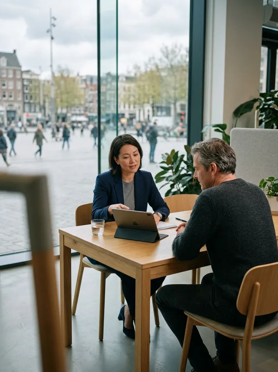 Vier collega's rond een tafel met laptops tijdens een overleg.