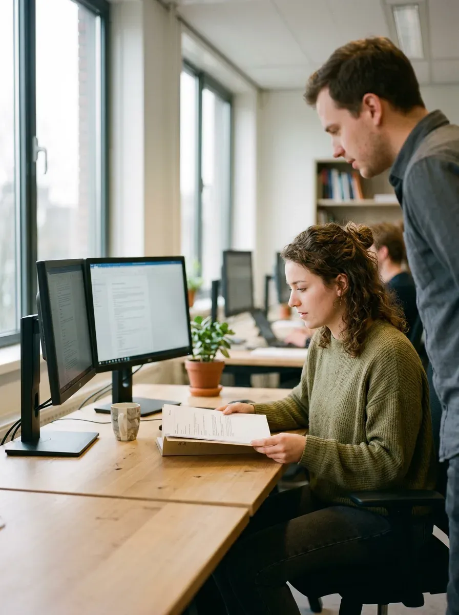 Twee collega's naast elkaar op een bank, samen kijkend naar een laptop.