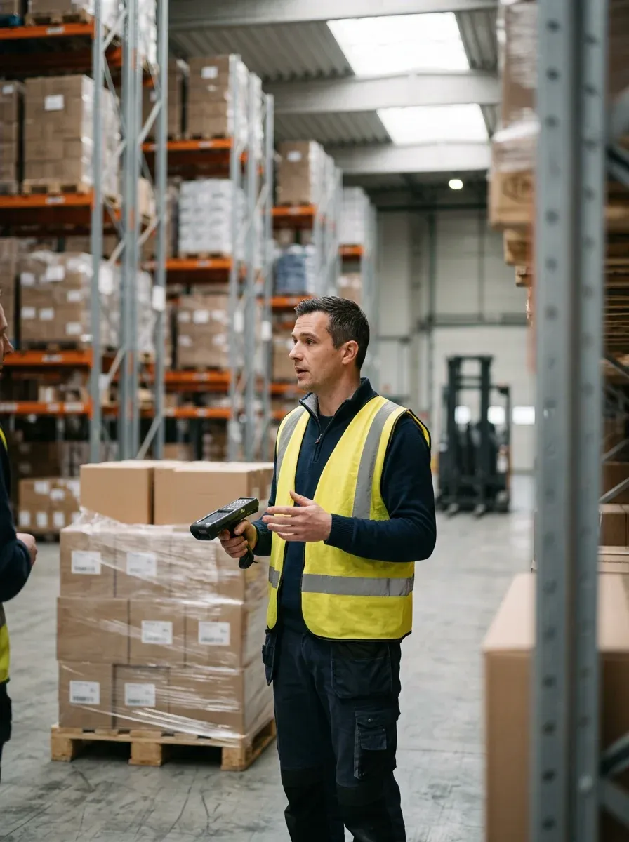 Planner met een handscanner in een distributiecentrum, in gesprek met een collega.