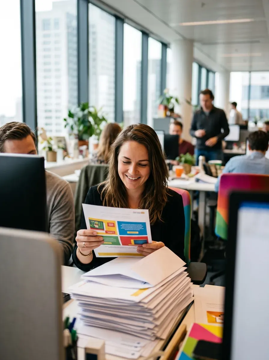 Een medewerker van een loterij leest lachend een prijsbrief, met een stapel enveloppen voor zich op het bureau.