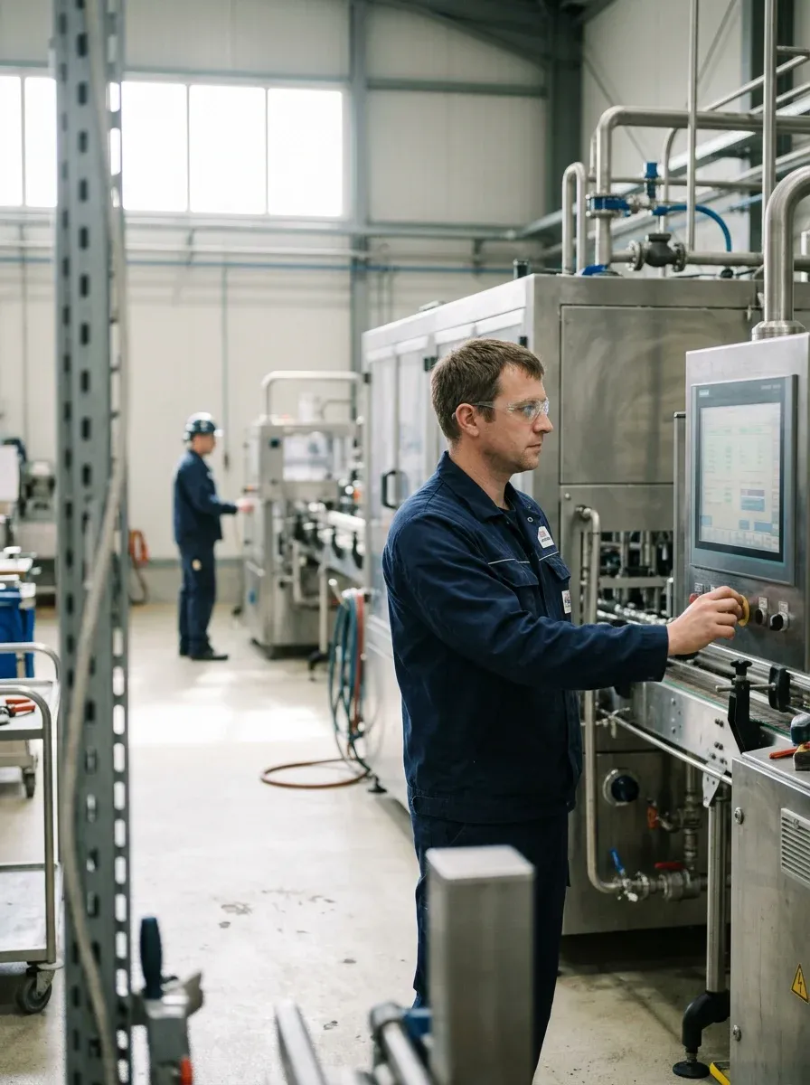 Operator die bij een productielijn gegevens afleest van een terminal.