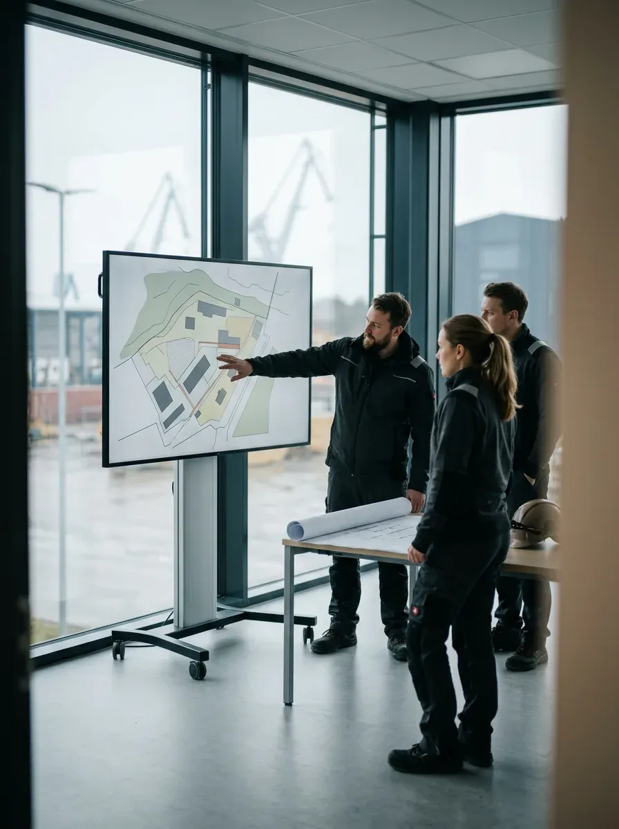 Drie collega's bij een wandscherm met een terreinplan, met zicht op een werkterrein achter het glas.
